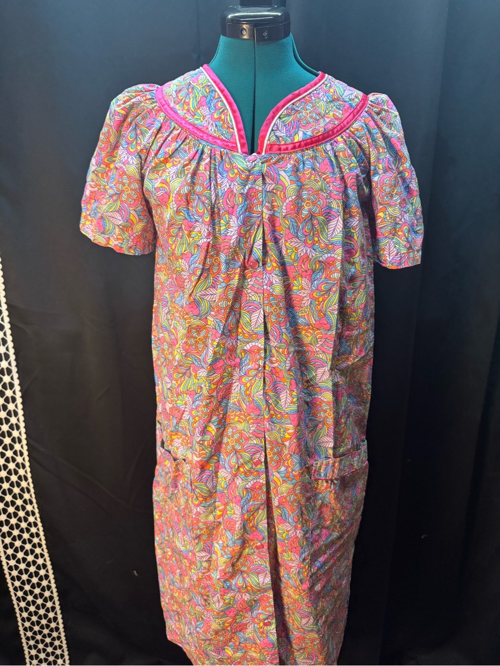 Bright Multicolor Floral-Print Housecoat with Pink Trim